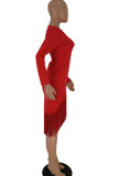 Red Sexy Cap Sleeve Long Sleeves V Neck Asymmetrical Mid-Calf tassel Solid Patchwork