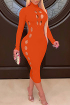 Мандариново-красный сексуальный сплошной выдолбленный лоскутное платье с круглым вырезом и юбкой в ​​один шаг