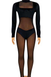 Black Sexy Solid Patchwork See-through Turtleneck Regular Jumpsuits