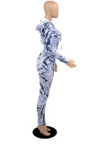 Blue White Fashion Casual Print Basic Zipper Collar Long Sleeve Two Pieces