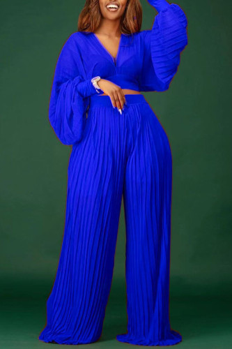 Blue Elegant Solid Patchwork V Neck Long Sleeve Two Pieces