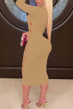 Rose Red Sexy Solid Hollowed Out Patchwork O Neck One Step Skirt Dresses