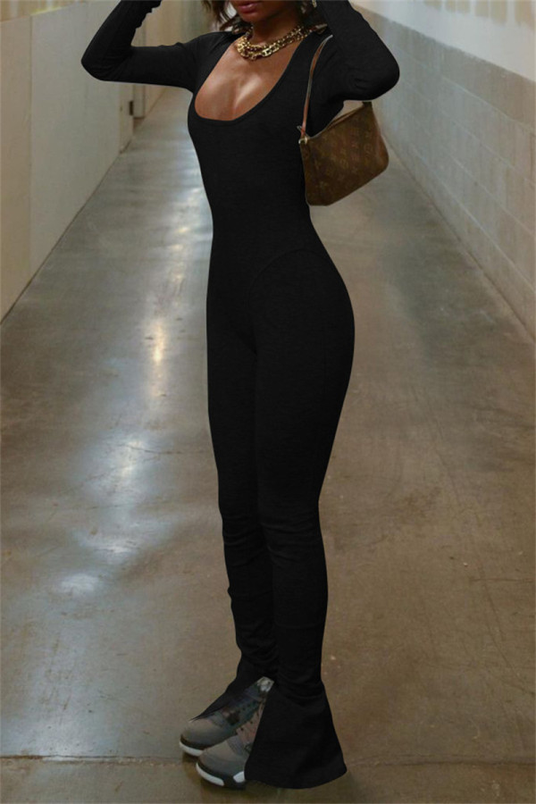 Macacão skinny preto sexy casual sem costas com fenda e decote em U