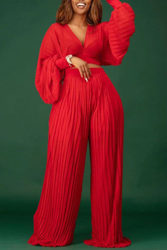 Red Elegant Solid Patchwork V Neck Long Sleeve Two Pieces