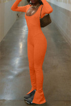 Oranje sexy casual effen rugloze skinny jumpsuits met U-hals