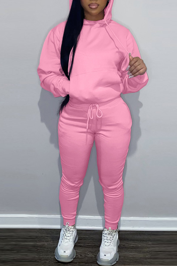 Roze Mode Casual Solid Basic Hooded Kraag Lange mouw Tweedelig