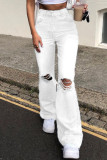 Jeans rectos de cintura alta rasgados sólidos casuales de moda blanco