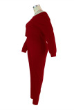 Colletto obliquo di base solido casual rosso moda più due pezzi