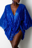 Blå mode sexiga patchwork paljetter V-hals långärmade klänningar