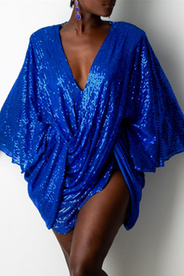 Синие модные сексуальные лоскутные платья с блестками и V-образным вырезом с длинным рукавом