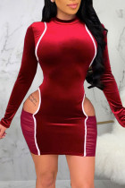 Burgundy Sexy Solid Hollowed Out Patchwork O Neck A Line Dresses