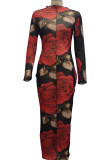 Red Sexy Print Patchwork O Neck One Step Skirt Dresses