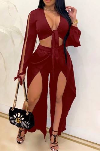 Burgundy Solid Bandage Patchwork Asymmetrical V Neck Long Sleeve Two Pieces