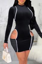 Black Sexy Solid Hollowed Out Split Joint O Neck A Line Dresses