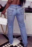 Blauwe sexy straat effen uitgeholde patchwork frenulum rechte denim jeans met middelhoge taille
