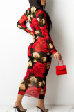 Vestidos de falda de un paso con cuello en O de patchwork con estampado sexy rojo