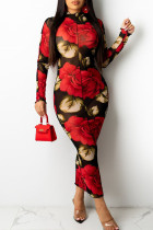 Vestidos de falda de un paso con cuello en O de patchwork con estampado sexy rojo