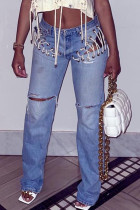 Blue Sexy Street Solid Hollowed Out Patchwork Frenulum Lace Up Mid Waist Straight Denim Jeans
