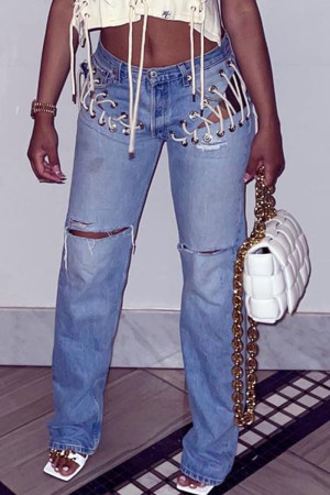 Blue Sexy Street Solid Hollowed Out Patchwork Frenulum Lace Up Mid Waist Straight Denim Jeans
