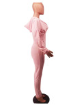 Macacão skinny rosa moda casual bandagem sólida com zíper gola com capuz