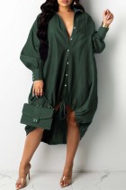 グリーンファッションカジュアルパッチワークベーシックターンダウンカラー長袖ドレス