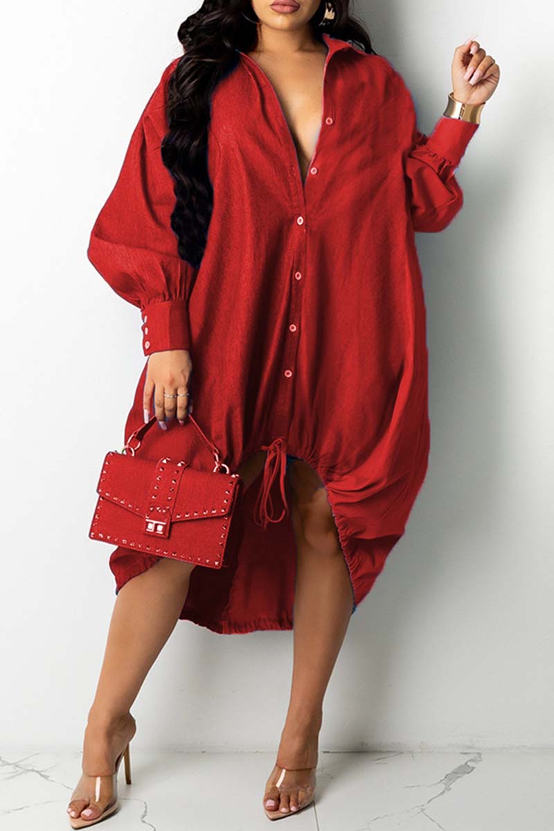

Red Fashion Casual Patchwork Basic Turndown Collar Long Sleeve Dresses