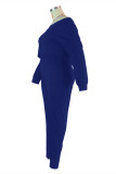 ブルーファッションカジュアルソリッドベーシック斜め襟プラスサイズツーピース