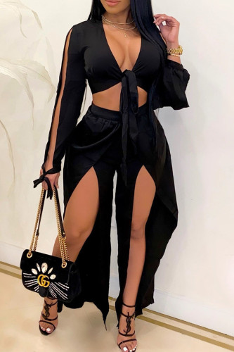 Black Solid Bandage Patchwork Asymmetrical V Neck Long Sleeve Two Pieces
