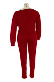 Красный модный повседневный однотонный базовый косой воротник плюс размер из двух частей