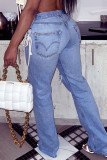 Vaqueros de mezclilla rectos de cintura media con retazos ahuecados lisos de calle sexy azul azul