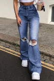 Calça jeans reta azul fashion casual sólida rasgada cintura alta