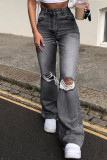 Donkerblauwe modieuze casual effen gescheurde rechte jeans met hoge taille