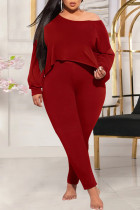 Red Fashion Casual Solid Basic Schrägkragen Plus Size Two Pieces