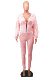 Roze Mode Casual Solid Bandage Rits Hooded Kraag Skinny Jumpsuits
