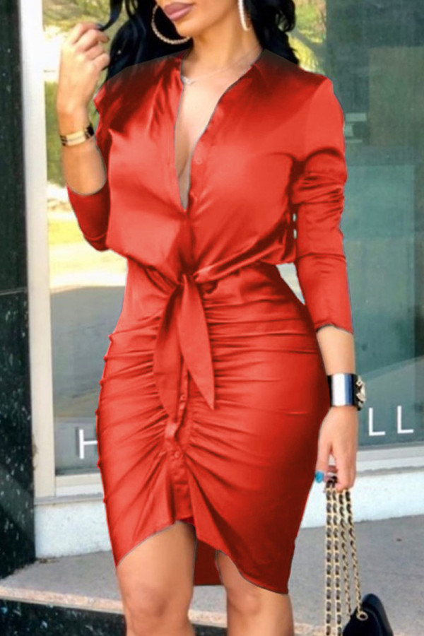 赤いファッションストリートプリントパッチワークVネック不規則なドレス