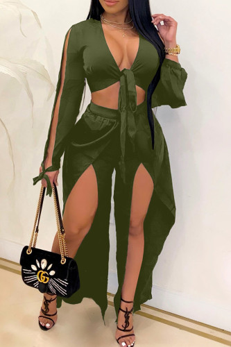 Olive Green Solid Bandage Patchwork Asymmetrical V Neck Long Sleeve Two Pieces