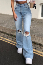 Blue Fashion Casual Solid High Waist Straight Flare Leg Distressed Ripped Denim Jeans