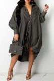 ダーク グレー ファッション カジュアル パッチワーク ベーシック ターンダウン カラー ロング スリーブ ドレス