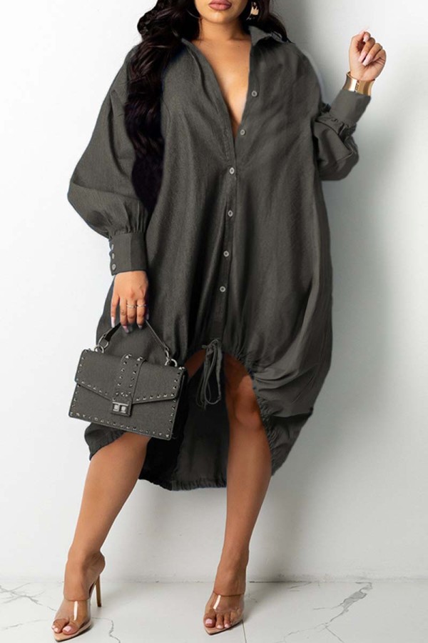 Темно-серые модные повседневные платья в стиле пэчворк с отложным воротником и длинными рукавами
