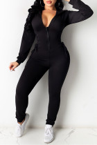 ブラック ファッション カジュアル ソリッド 包帯 ジッパー フード付き 襟 スキニー ジャンプスーツ