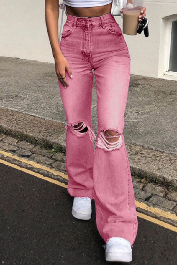 Rosa Mode Lässig Feste Zerrissene Gerade Jeans mit Hoher Taille