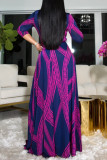 Vestidos de manga larga con cuello en V y estampado casual de moda azul púrpura