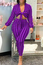 Púrpura moda casual estampado vendaje cuello en V manga larga dos piezas