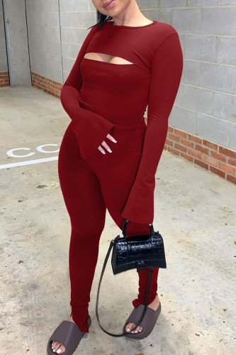 Burgundy Sexy Solid Hollowed Out Patchwork O Neck Skinny Jumpsuits
