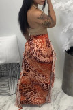 Оранжевая модная повседневная юбка с леопардовым принтом и кисточками, обычная юбка с высокой талией