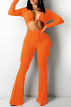オレンジ セクシー カジュアル ソリッド 包帯 中空 V ネック レギュラー ジャンプスーツ