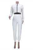 Cream White Fashion Casual Solid Patchwork Zipper Collar Long Sleeve Two Pieces