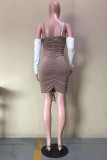 Coffee Fashion Sexy Patchwork Backless Fold V Neck Long Sleeve Dresses