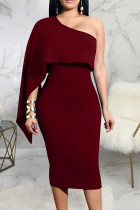 Bordeaux sexy effen patchwork asymmetrische schuine kraag A-lijn jurken