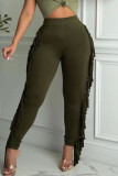 Khaki Casual Solid Tassel Patchwork Skinny High Waist Pencil Solid Color Bottoms